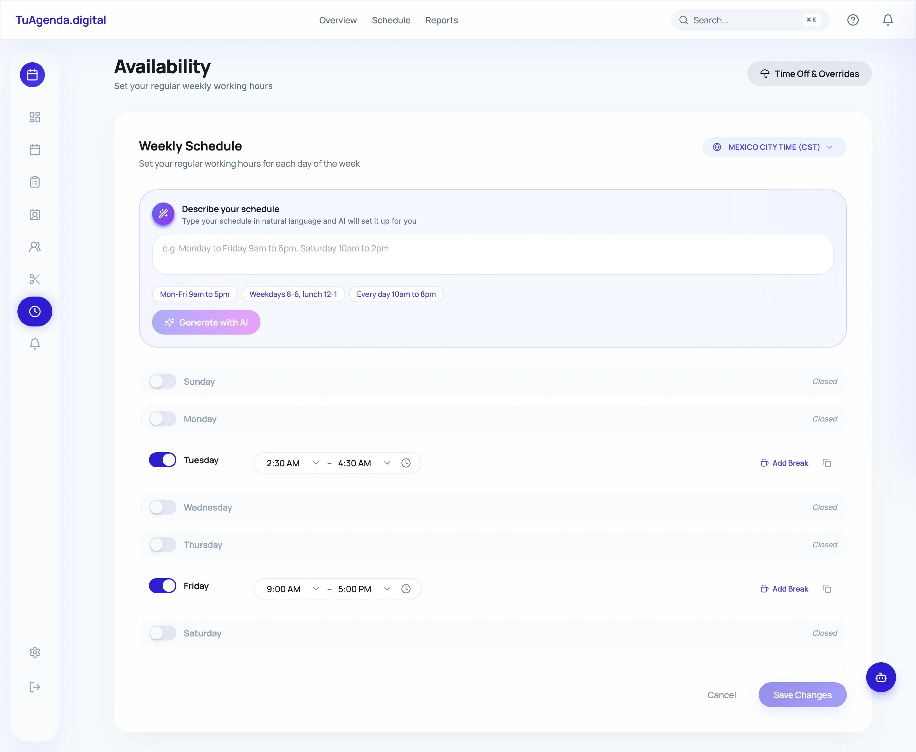 Panel de disponibilidad con horario semanal y campo de lenguaje natural para generar con IA