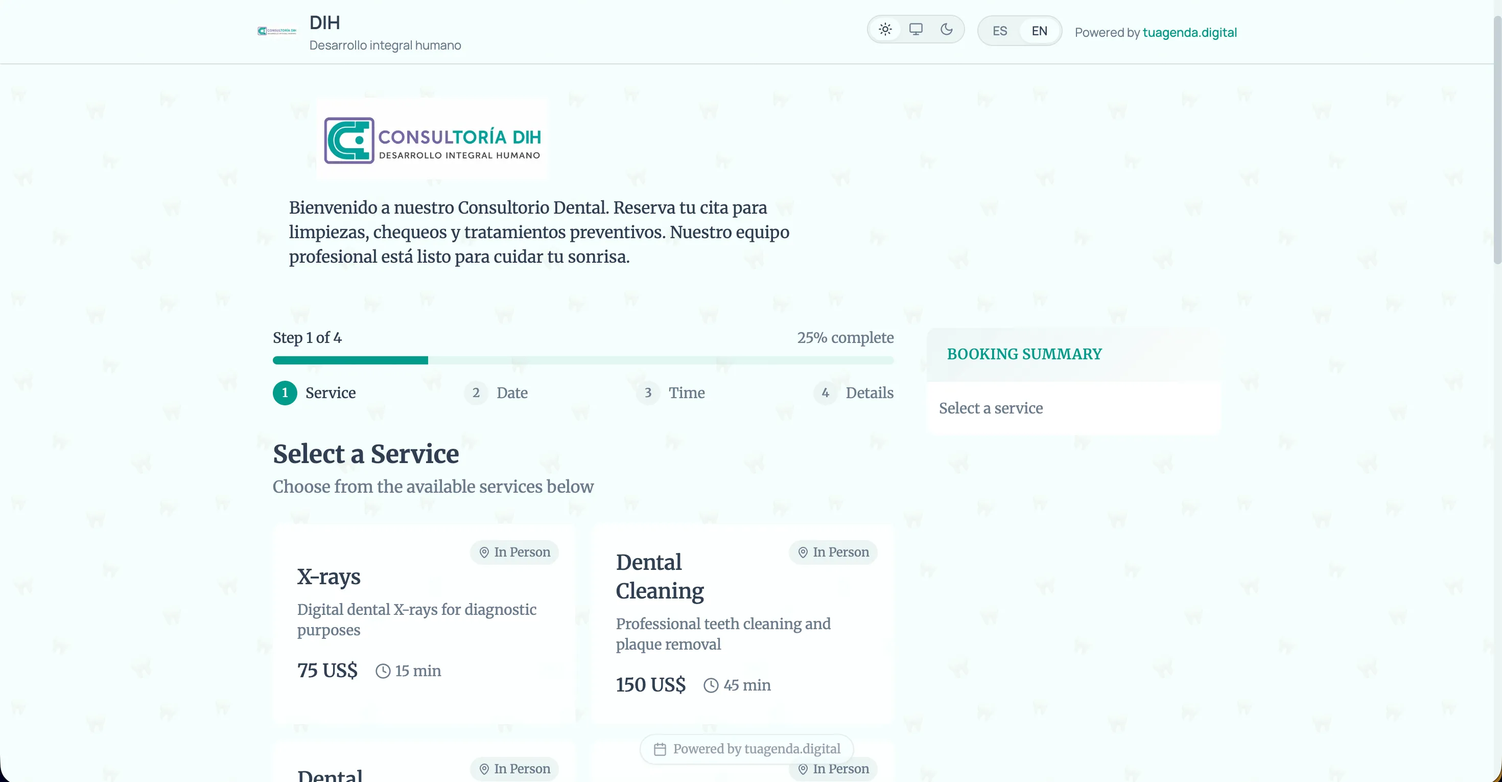 Página de booking pública mostrando selección de servicio con precio y duración