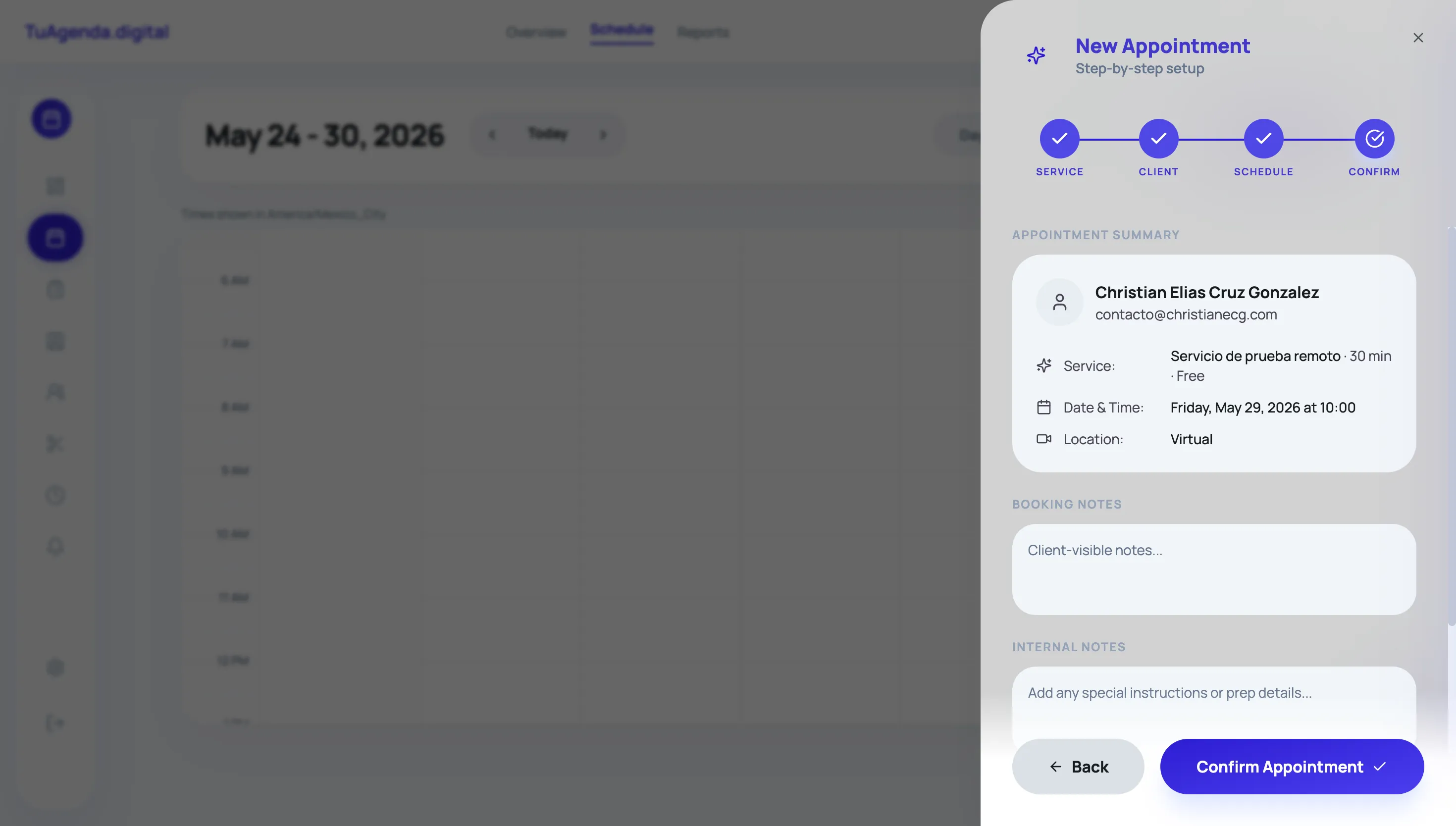 Calendario del negocio con modal de creación de cita mostrando resumen de servicio, cliente y horario