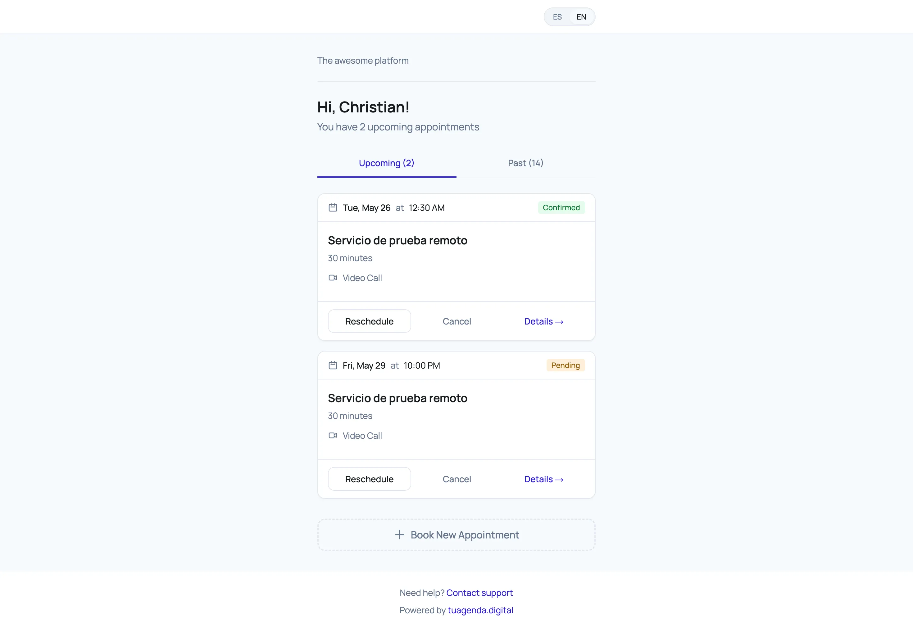 Portal del cliente mostrando citas próximas con opciones de reprogramar, cancelar y ver detalles