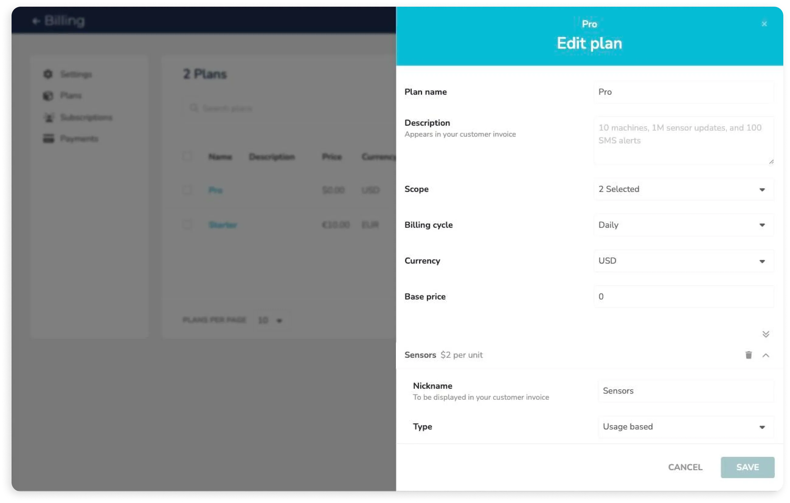 Editor de plan de billing mostrando configuración de precio por uso, ciclo de facturación y moneda