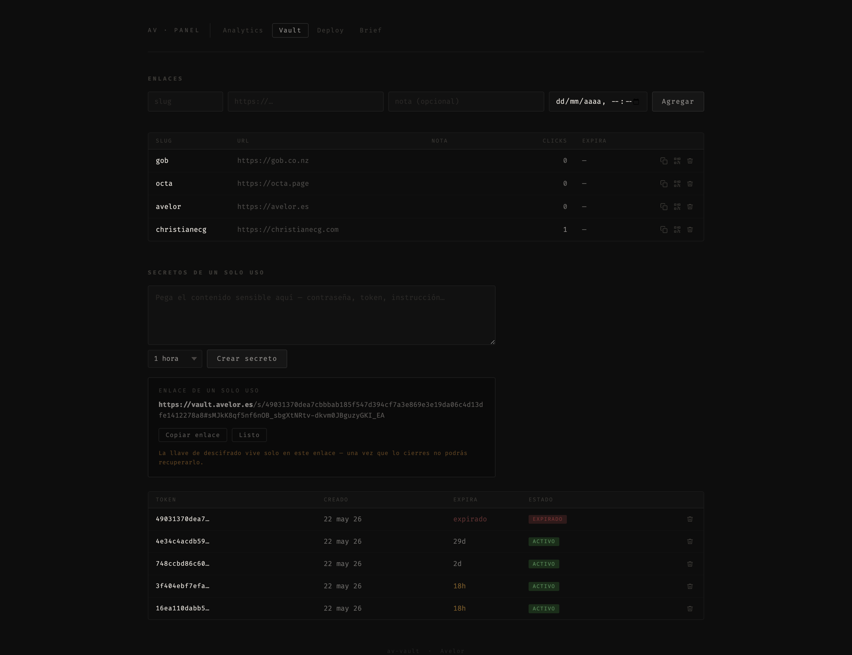 Vault mostrando tabla de URLs acortadas y formulario de creación de secretos de un solo uso