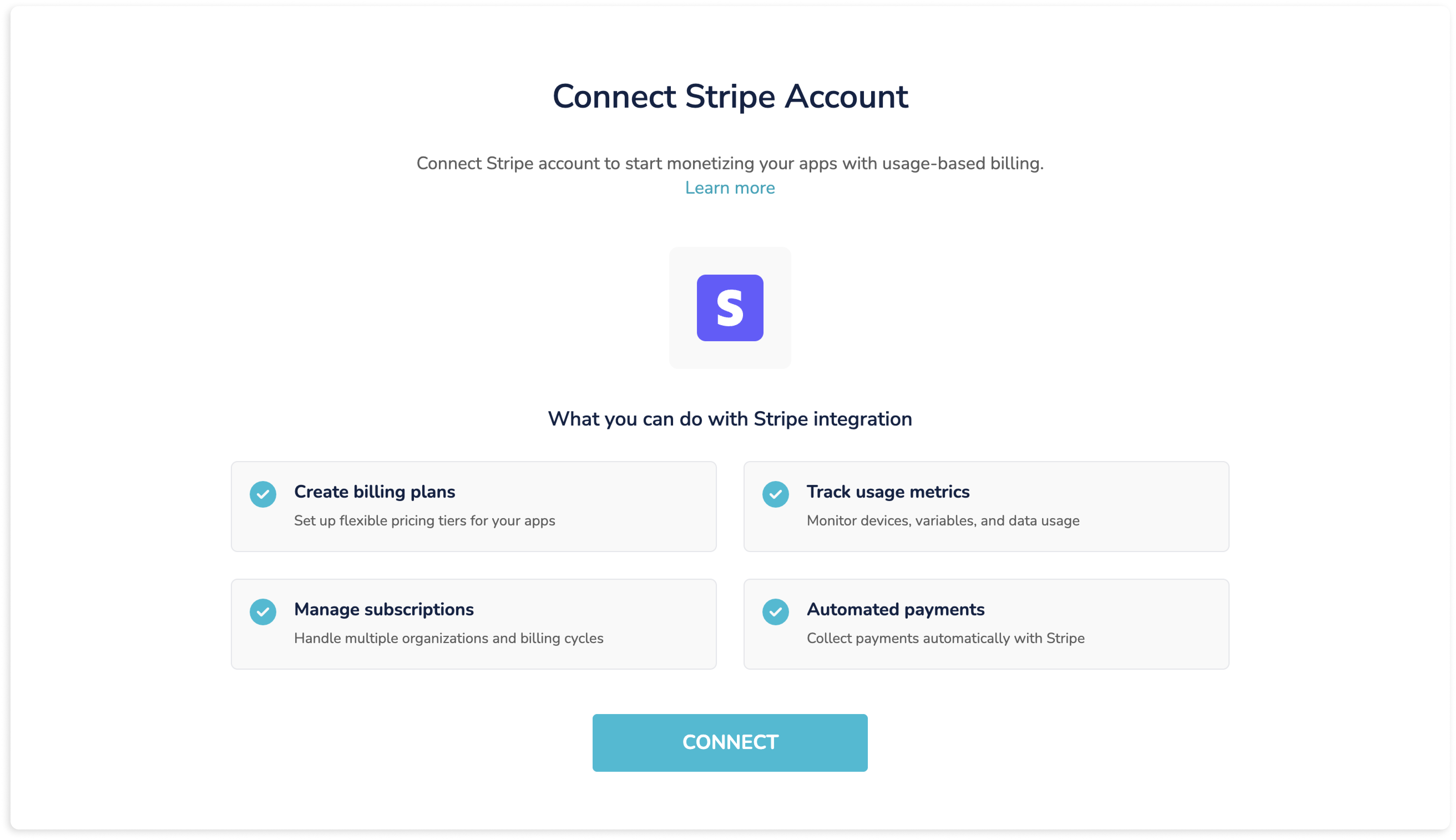 Pantalla de onboarding de Stripe — conectar cuenta para monetizar apps con billing basado en uso