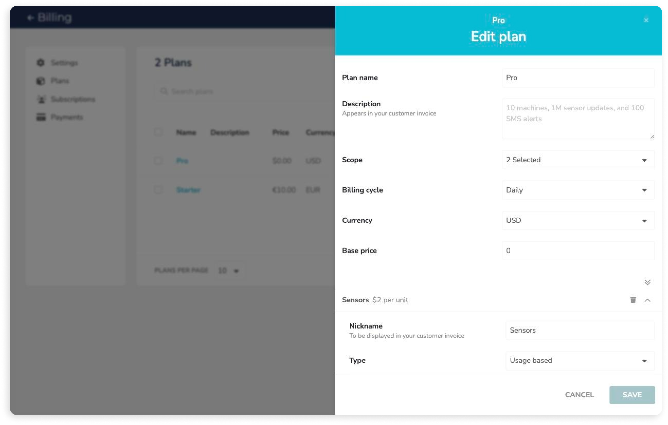 Editor de plan de billing mostrando configuración de precio por uso, ciclo de facturación y moneda